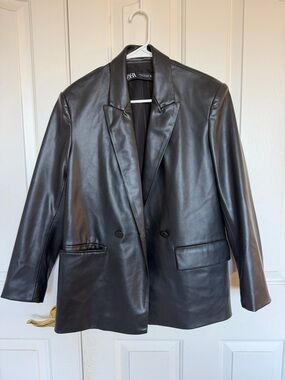 Zara Black Faux Leather Double-Breasted Blazer Jacket